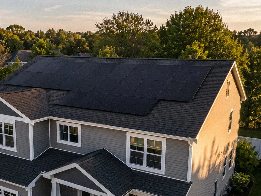 Completed rooftop solar array in warm evening light