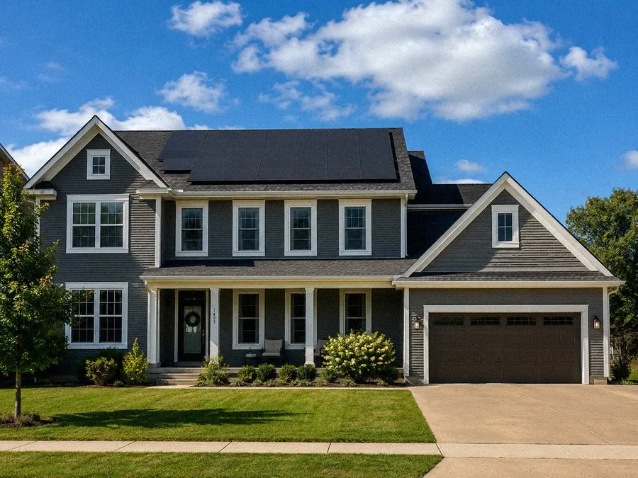 Front view of a family home with a black solar array on the main roof face