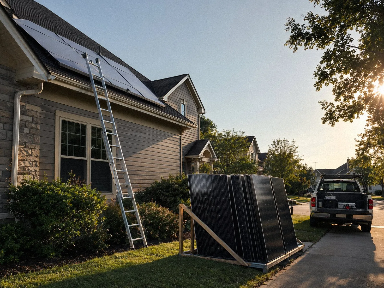 Extension ladder and staged solar panels beside a work truck at a residential jobsite