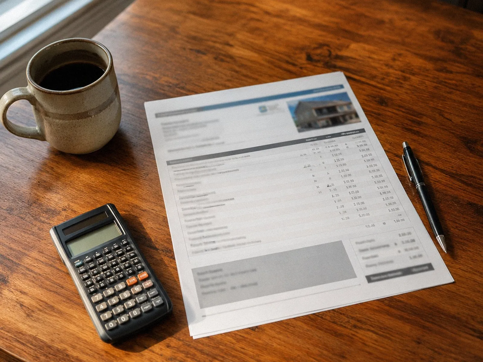 Itemized solar quote on a kitchen table with a calculator and coffee